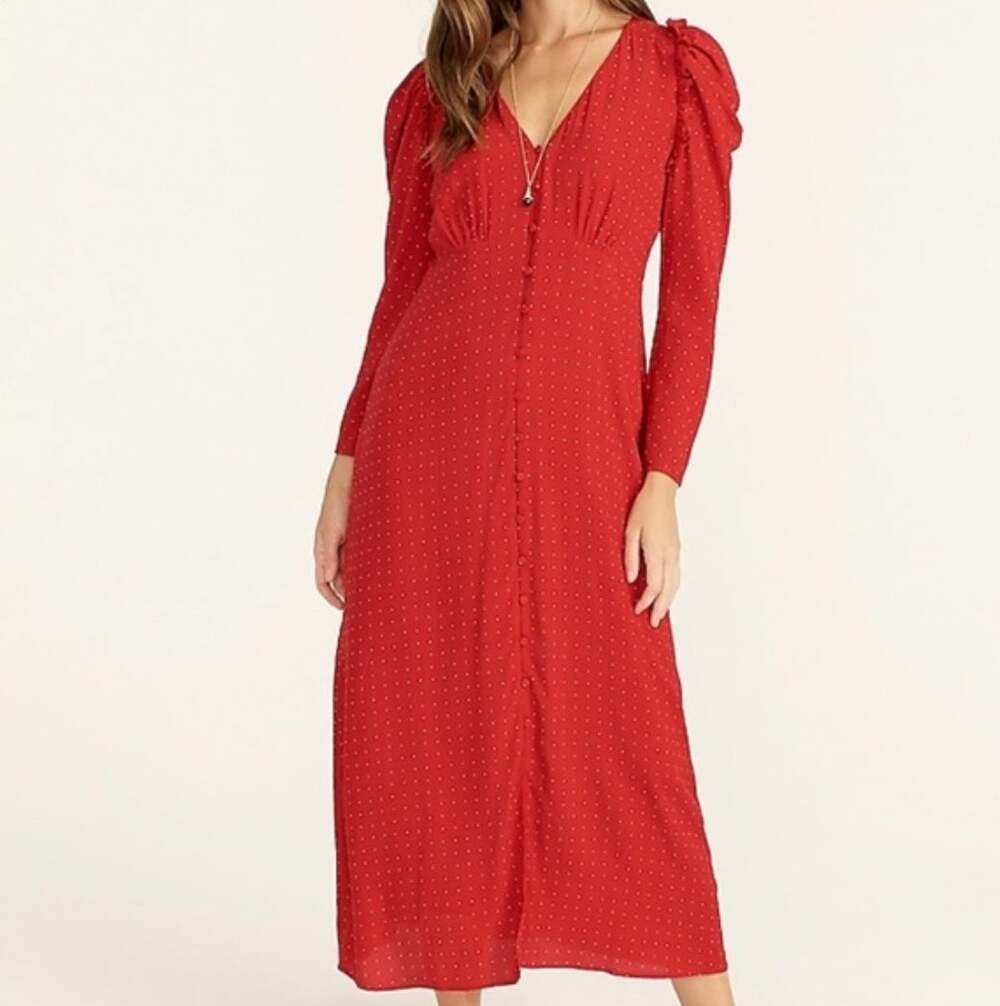 J CREW Red Pin Dot Drapey Puff Sleeve Button Down Maxi Sheath Dress Size 8